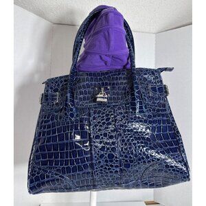 Dark Blue Faux Croc Embossed Tote Bag With Silver Lock Accent & Dual Handles